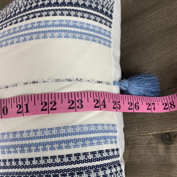 Lumbar Throw Pillow White Blue Boho Waterfowl Feather Striped Tasseled 16" x 24" - Picture 9 of 12